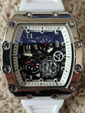 Silver-Tone Skeleton Dial Watch with White Strap